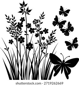 Esta imagem apresenta uma silhueta em preto e branco de flores silvestres altas e várias borboletas. As flores silvestres têm folhas delicadas e aglomerados de pequenas flores, enquanto as borboletas estão espalhadas ao redor, adicionando uma sensação de movimento e vida à cena. O esquema de cores monocromáticas enfatiza os detalhes intrincados das flores e borboletas.