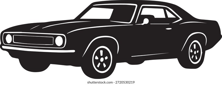 This image features a black and white illustration of a classic muscle car shown in a clean side profile view. The design highlights the iconic long hood, low body stance, two-door coupe form, and vintage proportions commonly associated with American muscle cars. The illustration uses a strong silhouette style with simplified details, making it visually bold and easy to recognize.
This artwork is ideal for use in automotive branding, car-themed logos, posters, apparel prints, stickers, social media graphics, editorial designs, websites, and retro or motorsport-related projects. Its monochrome style allows easy integration into both light and dark layouts, making it versatile for commercial and creative use.