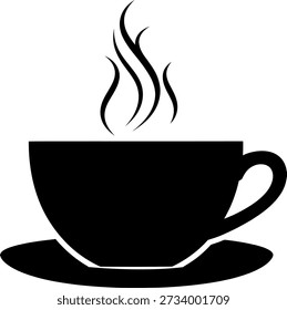 Esta imagem apresenta uma ilustração em preto e branco de uma xícara de café com vapor subindo a partir dele, colocado em um pires. O vapor é retratado com linhas onduladas, e o copo e o pires são mostrados de uma maneira simples e estilizada.