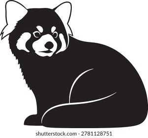 This image features a black and white line drawing of a red panda sitting in a relaxed position. The red panda has distinct round ears, a bushy tail, and a round face with expressive eyes and a small nose. The drawing captures the animal’s calm and cute demeanor, emphasizing its unique features and posture.