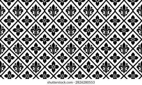 This image features a black and white seamless damask pattern with floral motifs, presented as a distinctive silhouette style.