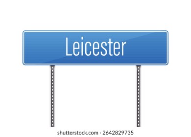 Esta Imagen presenta una señal de calle azul que indica la ubicación de Leicester, que se muestra en letras blancas. El letrero está montado en dos postes grises sobre un fondo blanco.
