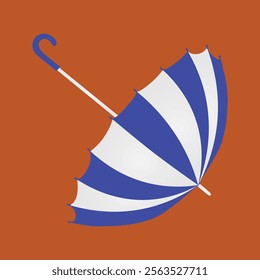 This image features a blue and white striped umbrella set against a solid orange background. The umbrella is depicted in a slightly open position, showcasing its alternating blue and white panels.