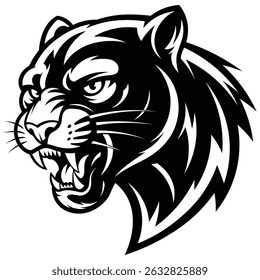 This image features a bold, black and white vector illustration of a snarling panther. 