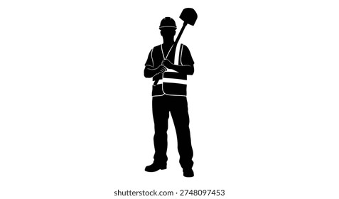 This image features a bold, black silhouette of a construction worker with a shovel, showcasing a striking and distinctive silhouette style.