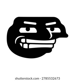 This image features a bold, black silhouette of the iconic internet meme known as Trollface, depicted with a mischievous and smug expression on a clean white background. It represents internet culture and humor.