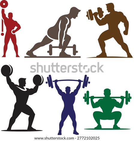 This image features a bold collection of weightlifting and bodybuilding silhouette icons, showcasing powerful human figures performing various strength training exercises. The set includes poses such as dumbbell curls, barbell squats, overhead lifts, lunges, and powerlifting movements. Designed with solid colors and clean silhouettes, these icons emphasize strength, fitness, and athletic performance. Perfect for gym branding, fitness apps, workout programs, sports content, and health-related platforms, these visuals effectively capture energy, discipline, and an active lifestyle.