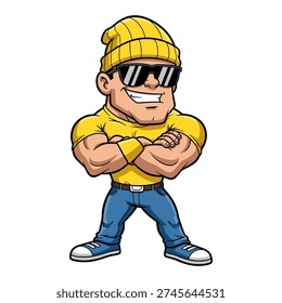 This image features a bold, muscular cartoon character wearing a yellow beanie, sunglasses, and a matching yellow shirt, standing confidently with crossed arms, blue jeans, and sneakers