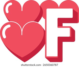 This image features a bold, playful design combining two red heart shapes and a large white letter “F” with a red outline and shadow. The hearts and letter overlap, creating a fun and vibrant.