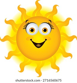 Esta Imagen presenta una ilustración de dibujos animados brillante y alegre del sol con una cara feliz. El vibrante diseño amarillo y naranja incluye alegres rayos ondulados, Grandes ojos expresivos con pestañas y una amplia y alegre sonrisa. Su estilo amistoso y positivo lo hace perfecto para los medios de comunicación de los niños, las decoraciones del partido, los materiales educativos, el arte de la pared, los tatuajes temporales, y los proyectos alegres del Diseño gráfico.