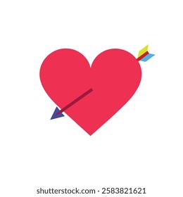 This image features a bright red heart pierced by a multicolored arrow. The arrow has blue, yellow, and red feathers, creating a bold and vibrant design set against a white background