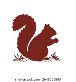 This image features a brown silhouette of a squirrel sitting on the ground. The squirrel is facing right and appears to be holding something in its front paws, possibly a nut. Its tail is large, bushy