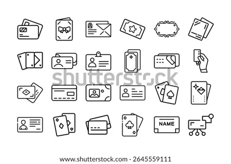 This image features card, cards, business card, credit card, playing card, identity, id, name. Collection of Business Cards Credit Cards and Playing Cards Line Icons