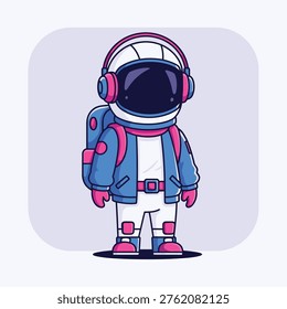 This image features a cartoon astronaut dressed in a blue and pink spacesuit, standing confidently in front of a light purple background. The astronaut's suit is complete with a helmet, backpack, gloves, and boots, giving a sense of readiness for intergalactic adventure. The illustration is vibrant and playful, evoking a sense of imagination and creativity.