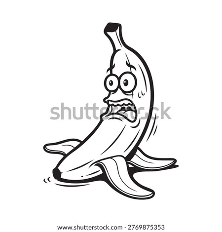 This image features a cartoon banana with a comical, frightened expression. The bold lines and stark contrast create a striking silhouette style, emphasizing its playful design.