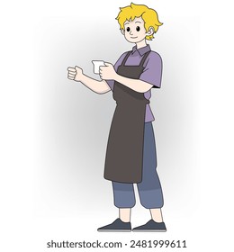 This image features a cartoon barista with blonde hair holding a small espresso cup while making an espresso