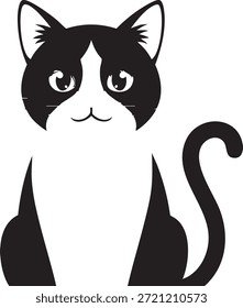Dieses Bild zeigt eine schwarz-weiße Katzenkarikatur, die aufrecht sitzt, mit großen Augen und gebogenem Schwanz. Dieses Tier ist auf transparentem Hintergrund und sieht unglücklich runzelnd aus.