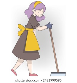 This image features a cartoon character with purple hair, contentedly mopping the floor while wearing a brown dress and a yellow apron.