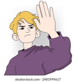 This image features a cartoon character with blonde hair and a stern expression making a stop gesture with their hand