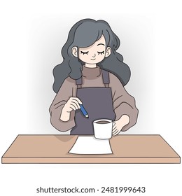 This image features a cartoon character with dark hair, taking a work break to enjoy a cup of coffee.