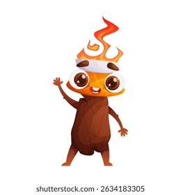 This image features a cartoon character with a flame on its head. It has large, expressive eyes and is waving a hand, creating a friendly, inviting scene. The background is white.