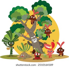 This image features cartoon characters of a group of friends in the forest.