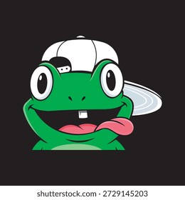 Dieses Bild zeigt einen Cartoon-Frosch, der eine weiße Baseballkappe trägt und seine Zunge auf schwarzem Hintergrund heraussticht. Der Frosch hat große, runde Augen und ein breites, fröhliches Grinsen. Die Illustration ist farbenfroh und verspielt, mit kräftigen Linien und lebendigen Farbtönen. Der Frosch ist humorvoll und unbeschwert und eignet sich daher für die Verwendung in verschiedenen digitalen Kontexten, wie Animation, Spiele oder Social Media. Das Bild ist stilisiert und modern, mit einem Fokus auf kühne Grafiken und auffälliges Design. Der Gesamteffekt ist lustig, jugendlich und energisch, sodass es perfekt für einen Hauch von Laune zu jedem Projekt hinzufügen.