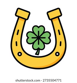 This image features a cartoon horseshoe with a four-leaf clover inside. Featuring lucky horseshoe, four leaf clover, good luck charm