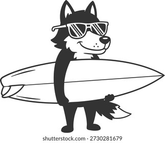 Esta imagem apresenta um cão husky de desenho animado usando óculos escuros e segurando uma prancha de surf, exalando uma vibração fresca e relaxada. A ilustração é feita em preto e branco, com o cão em pé e voltado para a frente. A prancha de surf é mantida sob o braço do cão, e o design geral é simples, mas atraente. A imagem é colocada contra um fundo branco simples, fazendo com que o personagem de desenho animado se destaque.