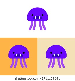 Esta imagem mostra ilustrações de águas-vivas de desenhos animados apresentadas contra três fundos de cores diferentes. As águas-vivas têm um design simplificado, usando cores arrojadas e um estilo minimalista. Ele pode ser usado para projetos que exigem um design lúdico, adequado para materiais educacionais ou para fins de publicidade criativa. O estilo é versátil e adaptável.