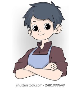 This image features a cartoon male barista with dark hair, standing confidently with arms crossed. 