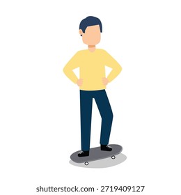 Esta Imagen presenta a un hombre de dibujos animados de pie con confianza en una patineta con las manos en las caderas. Está vestido con una camisa amarilla, pantalones azules y zapatos negros, sobre un fondo blanco limpio. La ilustración es simple pero vibrante, lo que la hace perfecta para su uso en varios proyectos de diseño, como Diseño gráfico, animación o arte digital.