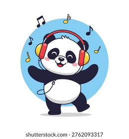 This image features a cartoon panda wearing red headphones and dancing to music notes. The panda is set against a blue circle with a white background, creating a visually appealing contrast. The image exudes a sense of joy, playfulness, and creativity, making it perfect for use in various design projects, such as music-related applications, advertisements, or children's educational materials.