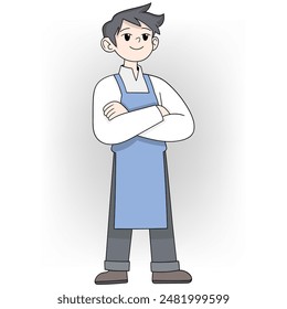 This image features a cartoon restaurant waiter with dark hair, standing confidently with arms crossed