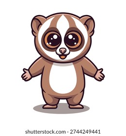 This image features a cartoon slow loris with large, expressive eyes and a friendly smile, standing upright with open arms in a playful and inviting pose, set against a simple light background
