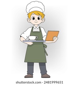 This image features a cartoon waiter with blonde hair wearing a white chef hat and a green apron, holding a menu and a cup of coffee on a tray.