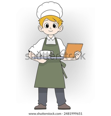 This image features a cartoon waiter with blonde hair wearing a white chef hat and a green apron, holding a menu and a cup of coffee on a tray.