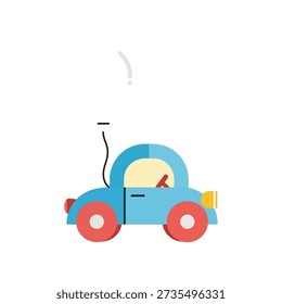 This image features a cartoon-style blue toy car with red wheels, yellow headlight, and a smiling face on a plain white background. Featuring children s toy, plaything, illustration