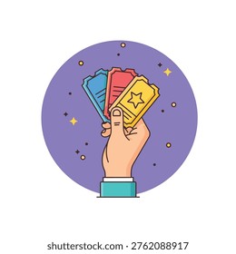 This image features a cartoon-style illustration of a hand holding three colorful movie tickets against a vibrant purple circle background. The tickets are yellow, red, and blue, and the hand is adorned with a teal sleeve. The image is surrounded by small yellow stars and black dots, adding to its playful and celebratory atmosphere. The illustration is likely used to represent entertainment, leisure, or a fun experience.