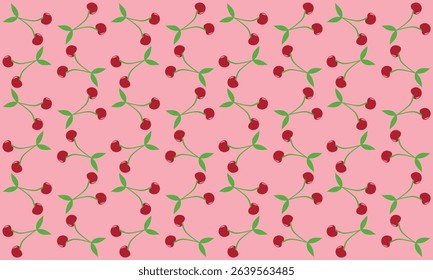 This image features a cartoon-style repetitive pattern of cherries on a pink background.
