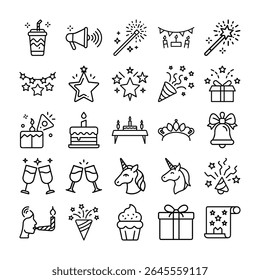 Esta imagem apresenta celebração, ícones, festa, aniversário, ocasião especial, arte em linha, vetor, set. Coleção de Ícones de Celebração para o Aniversário de Festa e Ocasiões Especiais