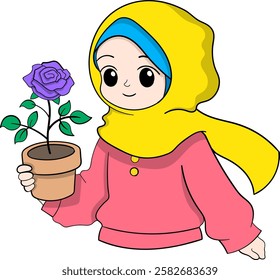 This image features a charming cartoon style Muslim girl wearing a yellow hijab and pink outfit holding a potted plant with a beautiful purple rose