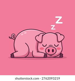 This image features a charming cartoon pig fast asleep on a solid pink background. The pig is depicted in a peaceful pose, with its eyes closed and a serene expression on its face. The illustration is playful, whimsical, and perfect for use in various design projects, such as children's books, educational materials, or even advertising campaigns.