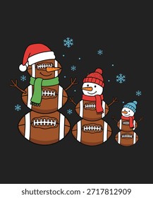 Esta imagem mostra uma encantadora ilustração em estilo cartoon de uma família de bonecos de neve vestidos em equipamento de futebol, colocados contra um fundo de inverno. O estilo artístico é lúdico e colorido, evocando um clima festivo e alegre. Arquivo EPS vetorial totalmente editável adequado para projetos de design, impressão e web.
