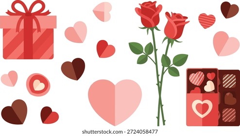 Esta imagem apresenta uma coleção encantadora de itens temáticos do Dia dos Namorados. Duas rosas vermelhas de haste longa são exibidas ao lado de uma caixa de chocolates variados e uma caixa de presente belamente embrulhada adornada com um arco. A imagem é rodeada por uma variedade de formas e tamanhos de coração em tons rosa, vermelho e marrom, adicionando à atmosfera festiva e amorosa. A ilustração é colocada em um fundo branco limpo, tornando-se perfeita para uso em promoções do Dia dos Namorados, cartões de felicitações ou postagens nas mídias sociais.