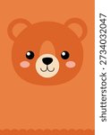 This image features a charming, cute cartoon bear face rendered in a flat design style. The adorable bear has large black eyes, pink rosy cheeks, and a light beige snout with a small black nose and mouth, all set against a vibrant orange background. Its friendly expression makes it perfect for children
