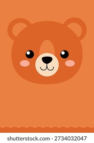 This image features a charming, cute cartoon bear face rendered in a flat design style. The adorable bear has large black eyes, pink rosy cheeks, and a light beige snout with a small black nose and mouth, all set against a vibrant orange background. Its friendly expression makes it perfect for children's designs, nursery decor, or playful digital content.