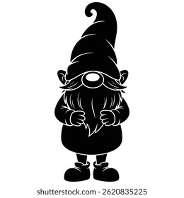 This image features a charming, minimalist silhouette of a classic gnome figure. Rendered entirely in black and white, the gnome sports a tall, curled hat, a large round nose,