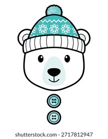 Esta imagem apresenta um urso polar encantador vestindo um acolhedor chapéu de inverno com um pom-pom e flocos de neve padrões. O estilo artístico é cartunesco e alegre, evocando uma sensação de calor e diversão de inverno. Arquivo EPS vetorial totalmente editável adequado para projetos de design, impressão e web.