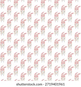Esta Imagen presenta un patrón encantador y repetitivo de conejitos rosados. Cada conejito está adornado con una pajarita de lunares y tiene orejas largas que se extienden hacia afuera. El fondo es un color neutro y claro que permite a los conejos rosados destacar de manera prominente. El patrón es simétrico y uniformemente espaciado, creando un efecto armonioso y visualmente agradable.